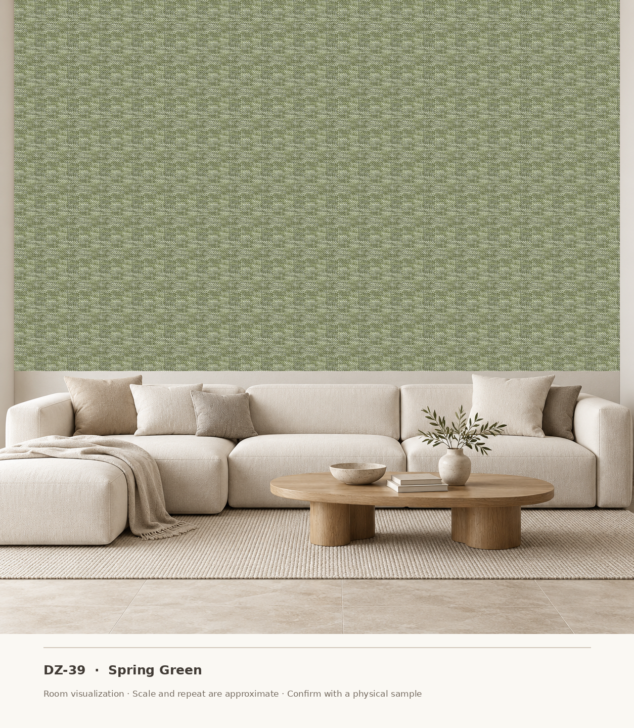 DZ-39 Spring Green original swatch pixels in a conceptual living room layout