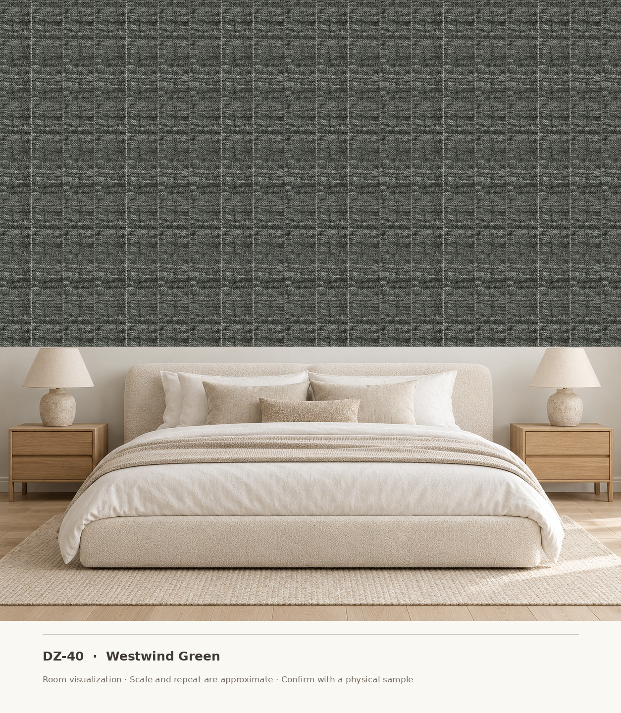 DZ-40 Westwind Green original swatch pixels in a conceptual bedroom room layout