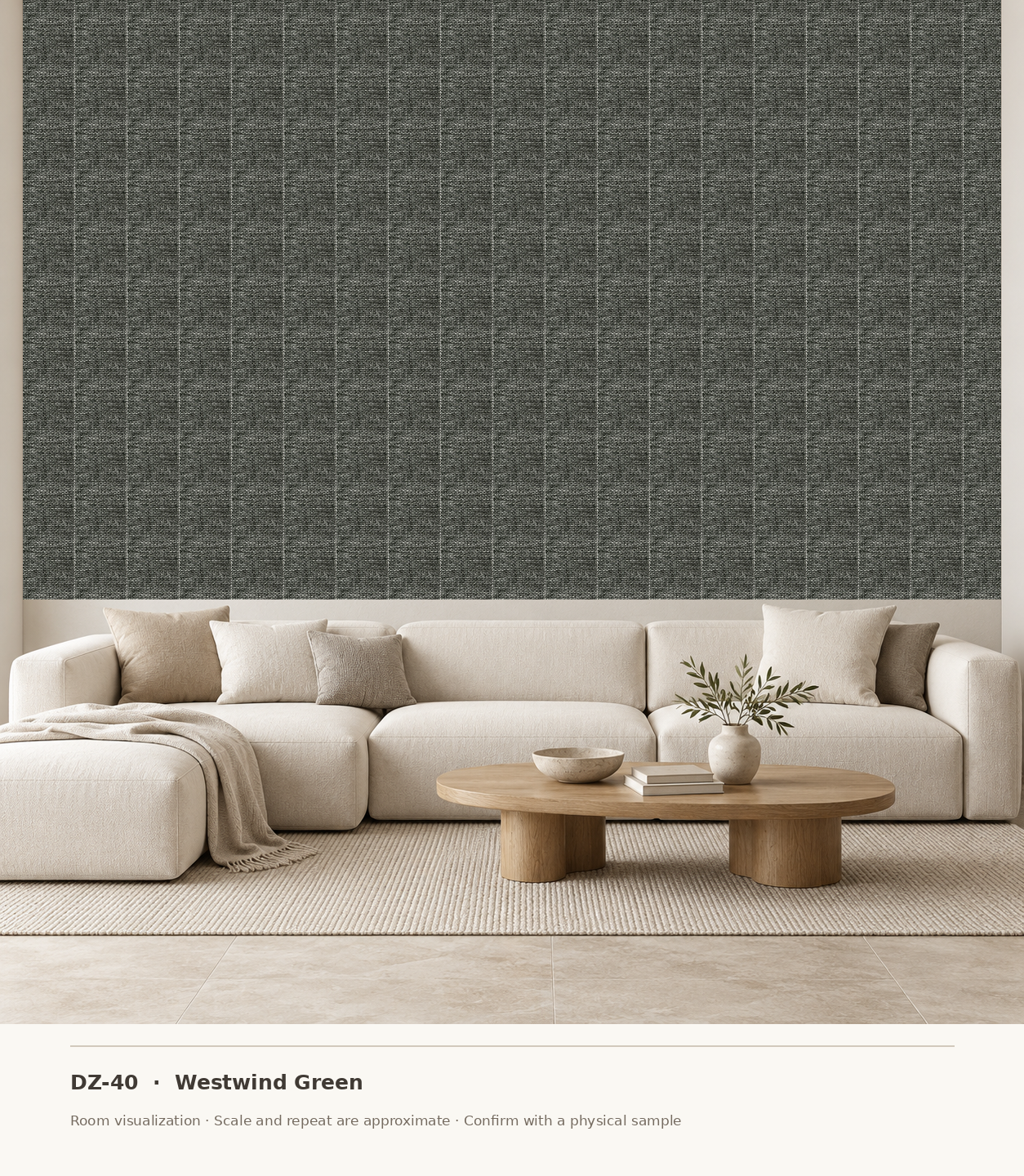 DZ-40 Westwind Green original swatch pixels in a conceptual living room layout
