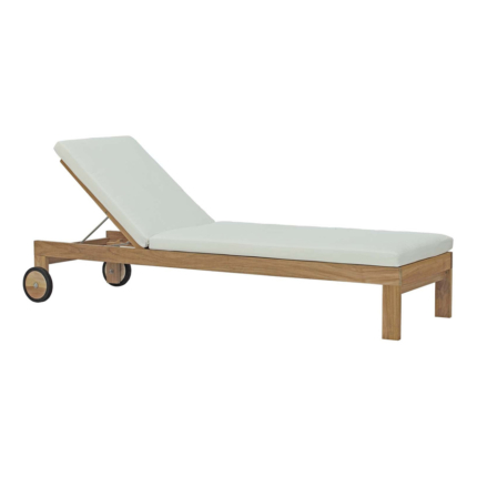 Elvar outdoor chaise with pale cushions, timber frame and rear wheels on a white background.