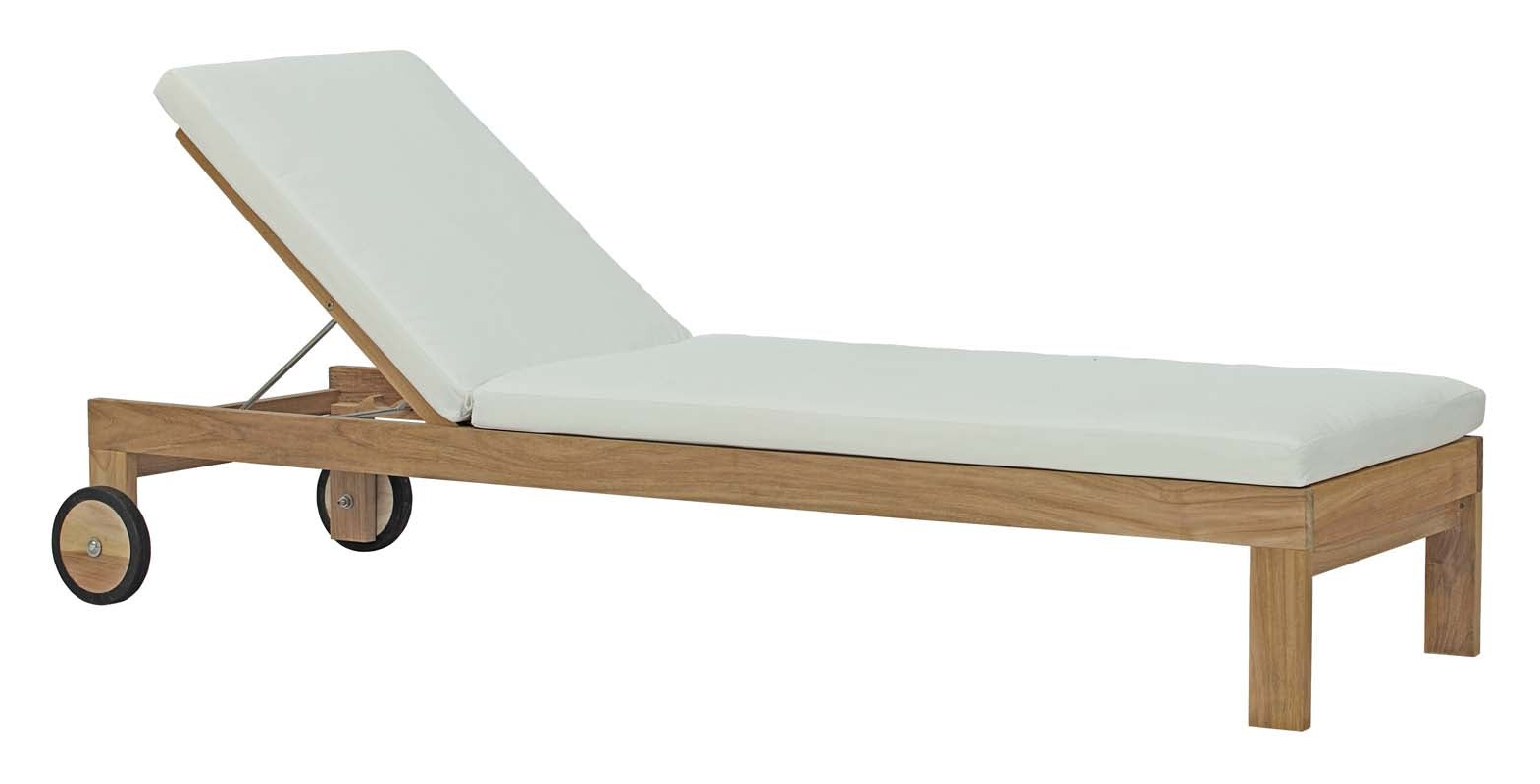 Elvar outdoor chaise with pale cushions, a timber frame and two rear wheels, seen from a three-quarter angle.