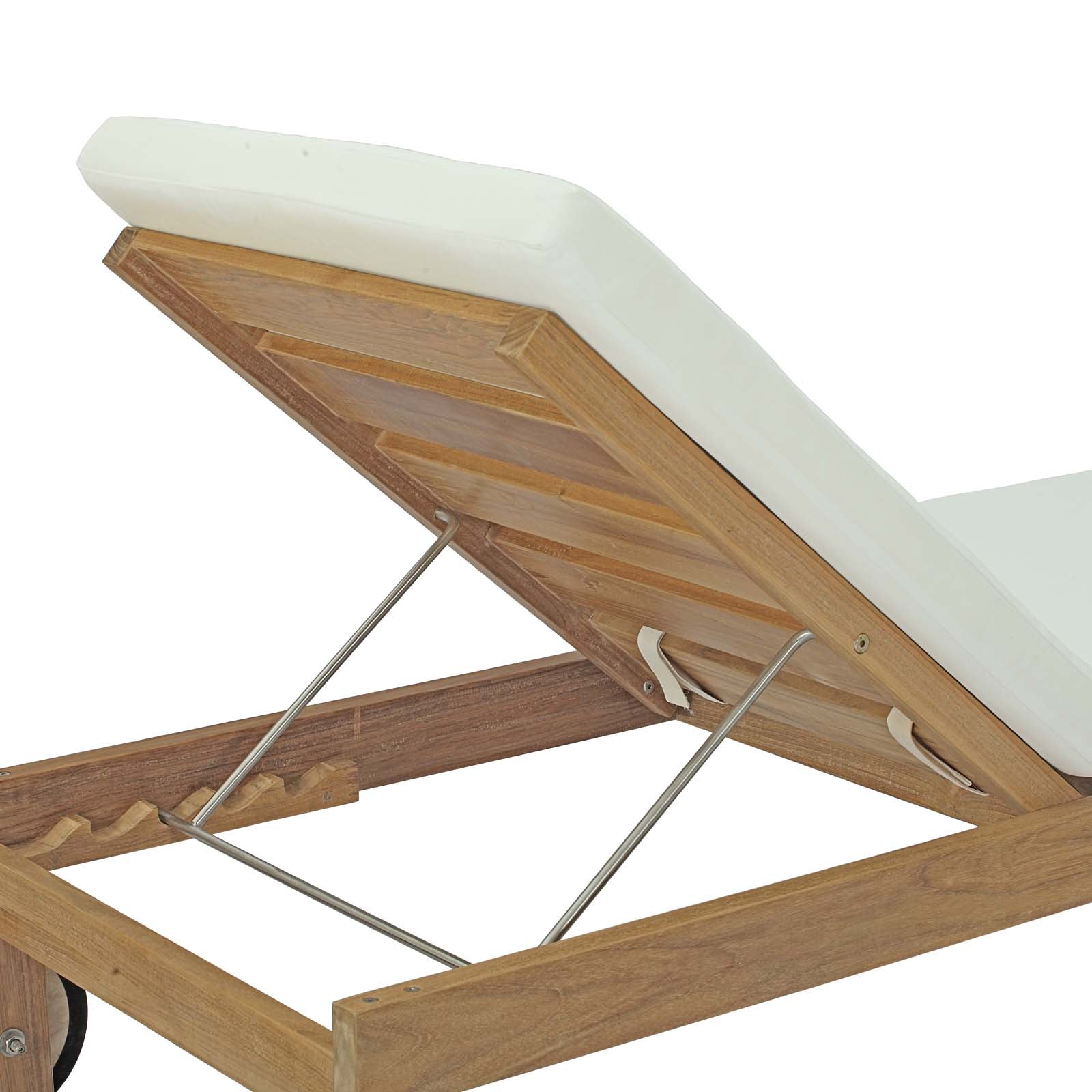 Underside view of the chaise backrest showing timber slats and metal support rods.