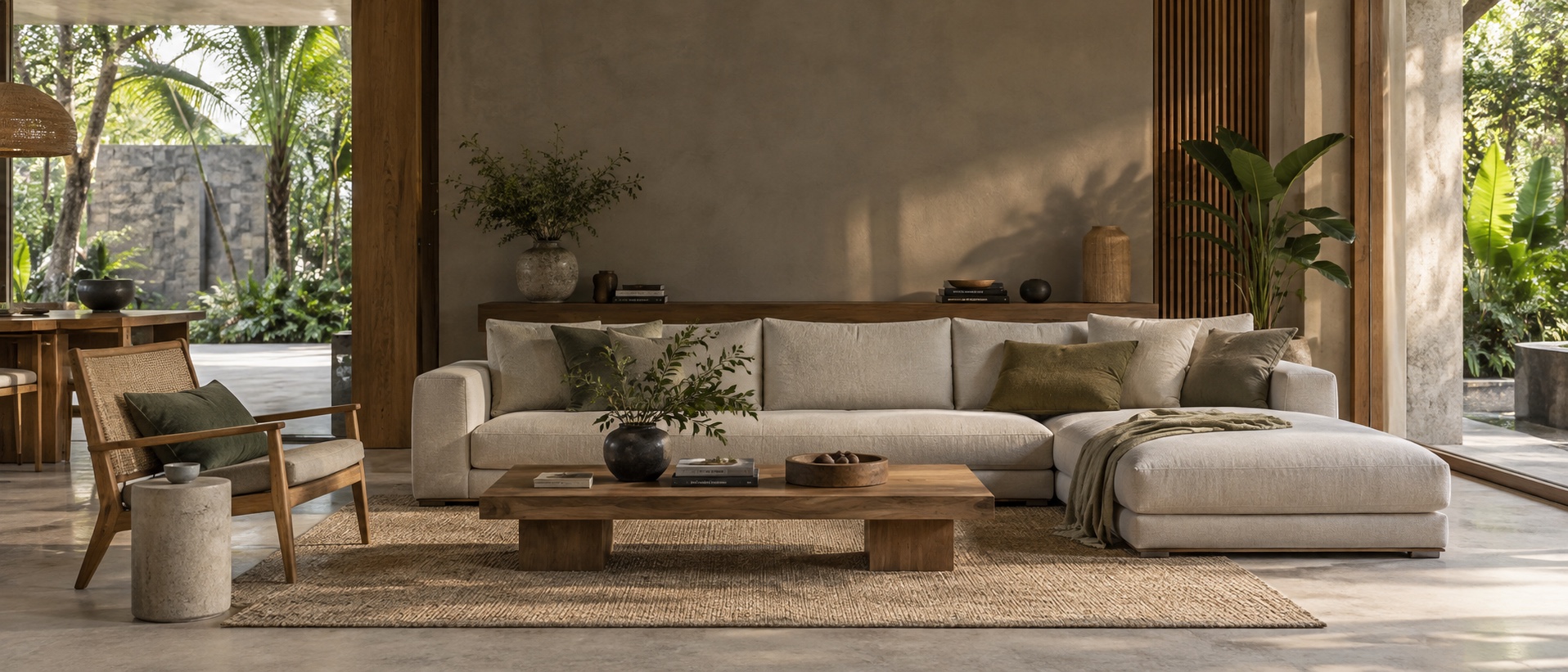 Cream sectional sofa and timber furniture in a naturally lit living room