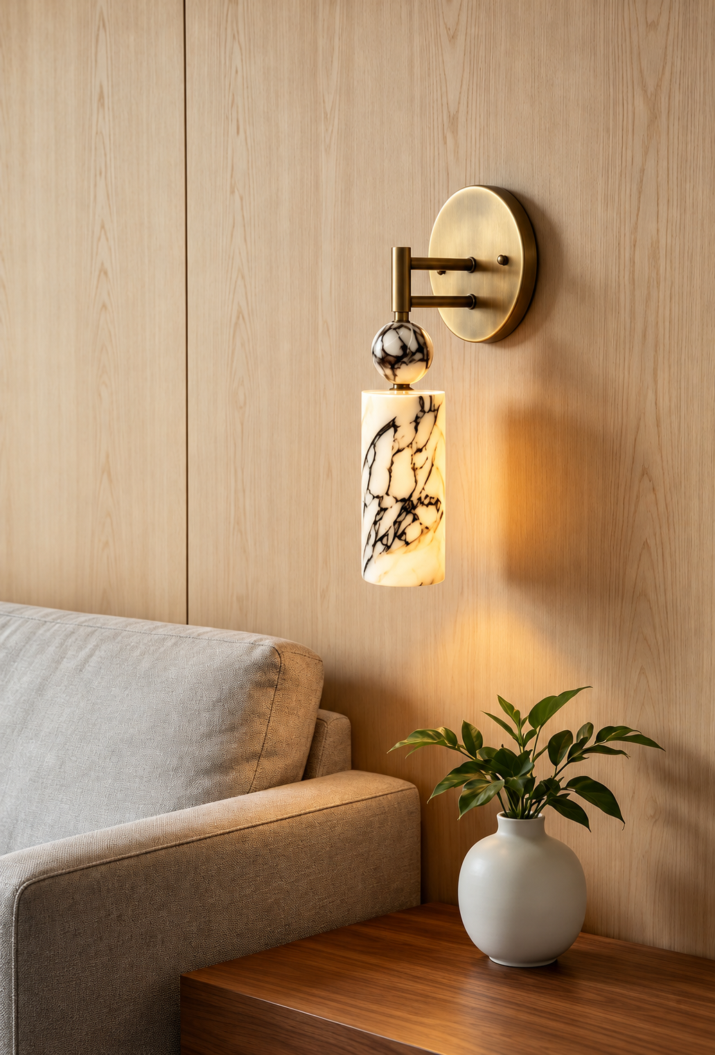 Luxury Stone Dark wall lamp above a living-room side table