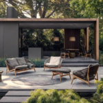 Woven outdoor sofa, lounge chairs and footrest beside a pavilion