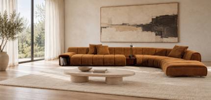 Front view of a cream low-profile sofa with banded upholstery and a dark open end insert.