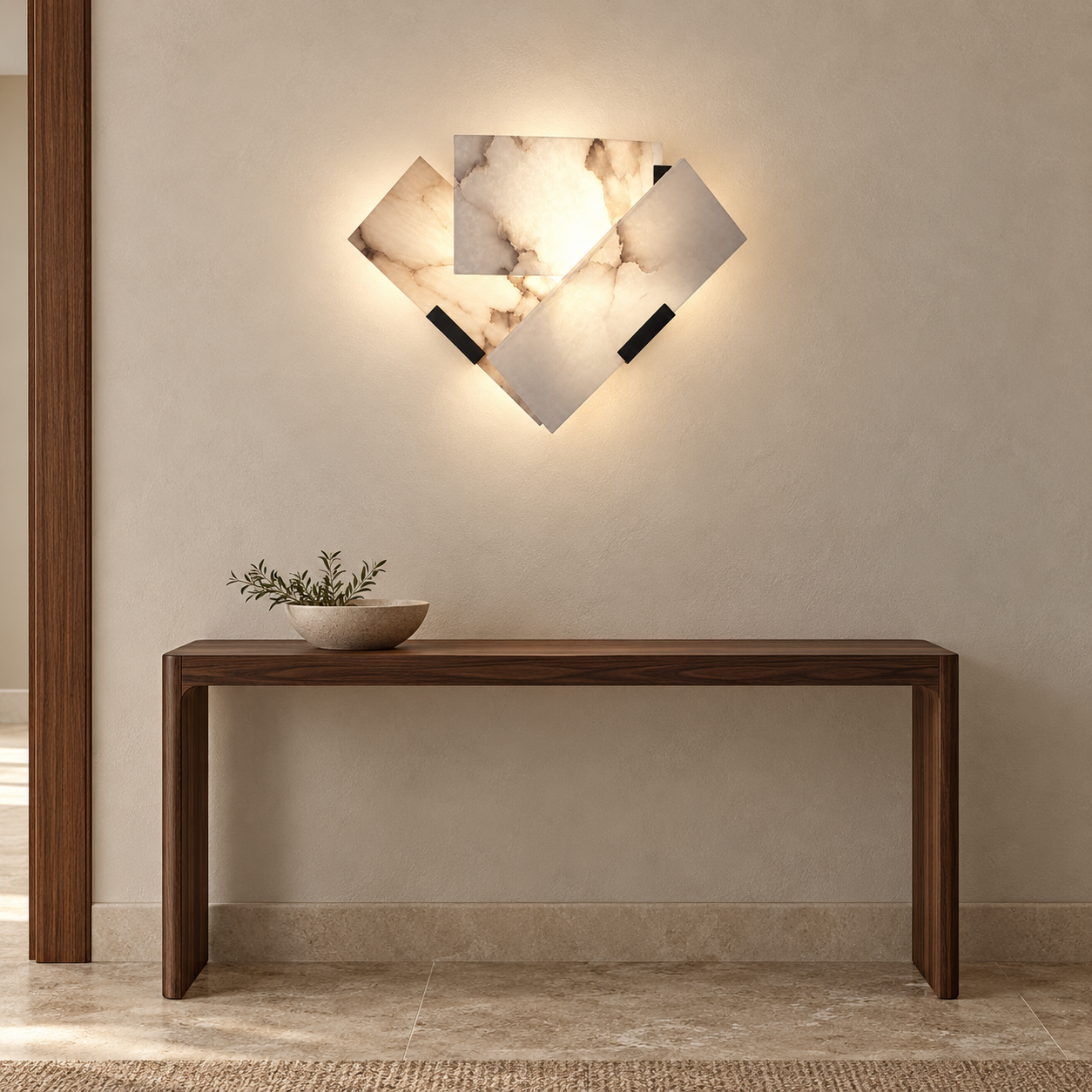 Sera sculptural wall light above a walnut entryway console, AI interior visualization