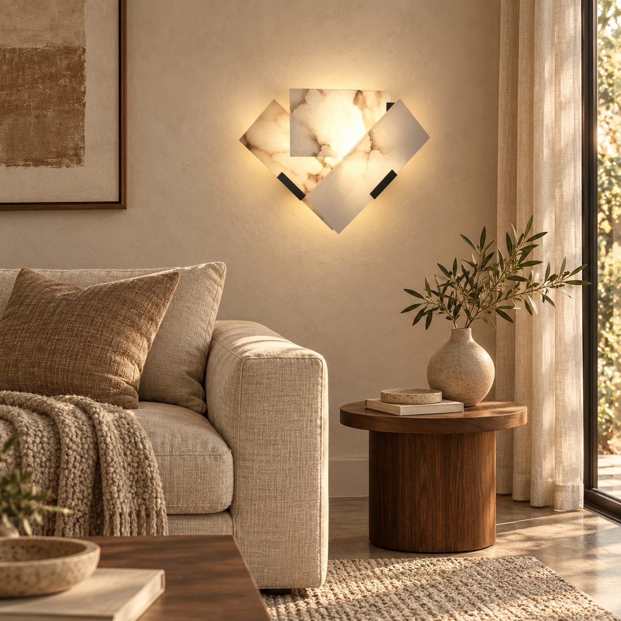 Sera sculptural wall light beside an oatmeal sofa in a living room, AI interior visualization