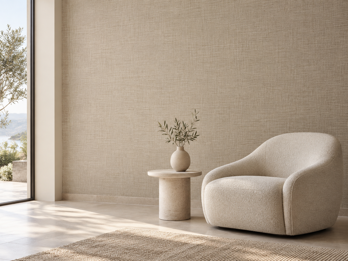 AI-generated interior visualization of woven wallcovering in a furnished room