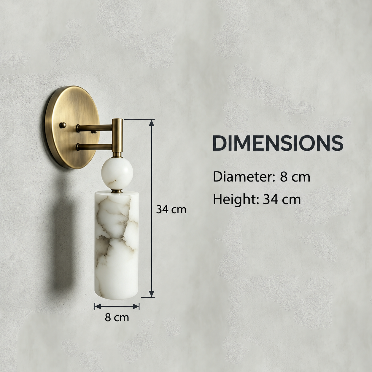 Veyra wall lamp dimension graphic showing 8 cm diameter and 34 cm height
